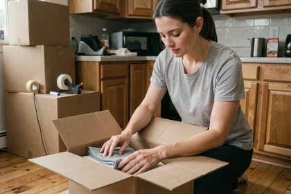 Femme préparant un carton de première nécessité dans une cuisine en cours de déménagement