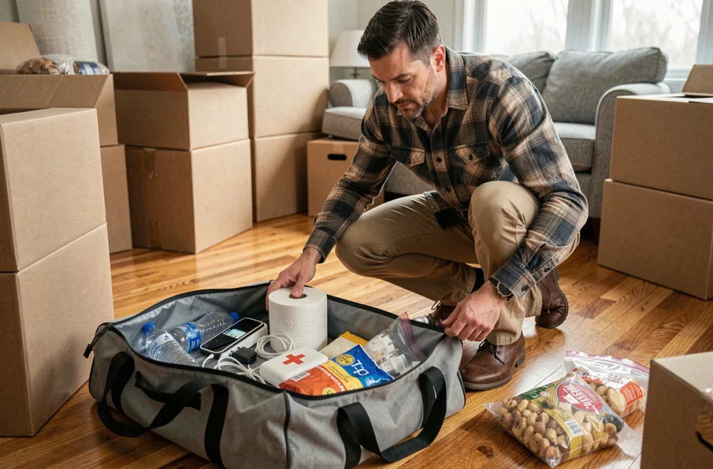 Homme préparant un sac de première nécessité avec essentiels pour le jour du déménagement