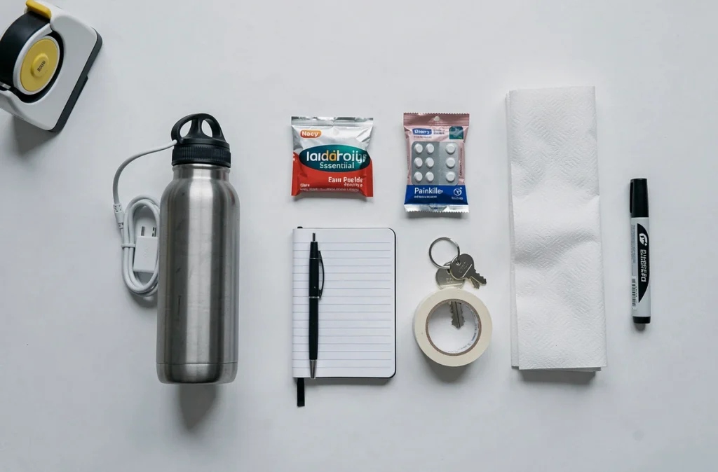 Vue du dessus d'un kit de première nécessité pour déménagement avec essentiels organisés