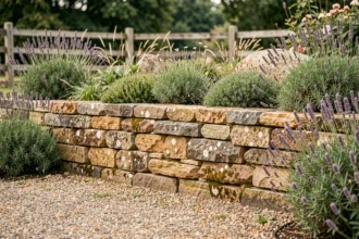 Muret de jardin en pierre moellon calcaire avec plantes aromatiques débordantes, technique de pose à sec traditionnelle