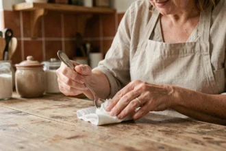 Femme nettoyant une cuillère en argent noircie avec du dentifrice sur un torchon blanc dans une cuisine rustique