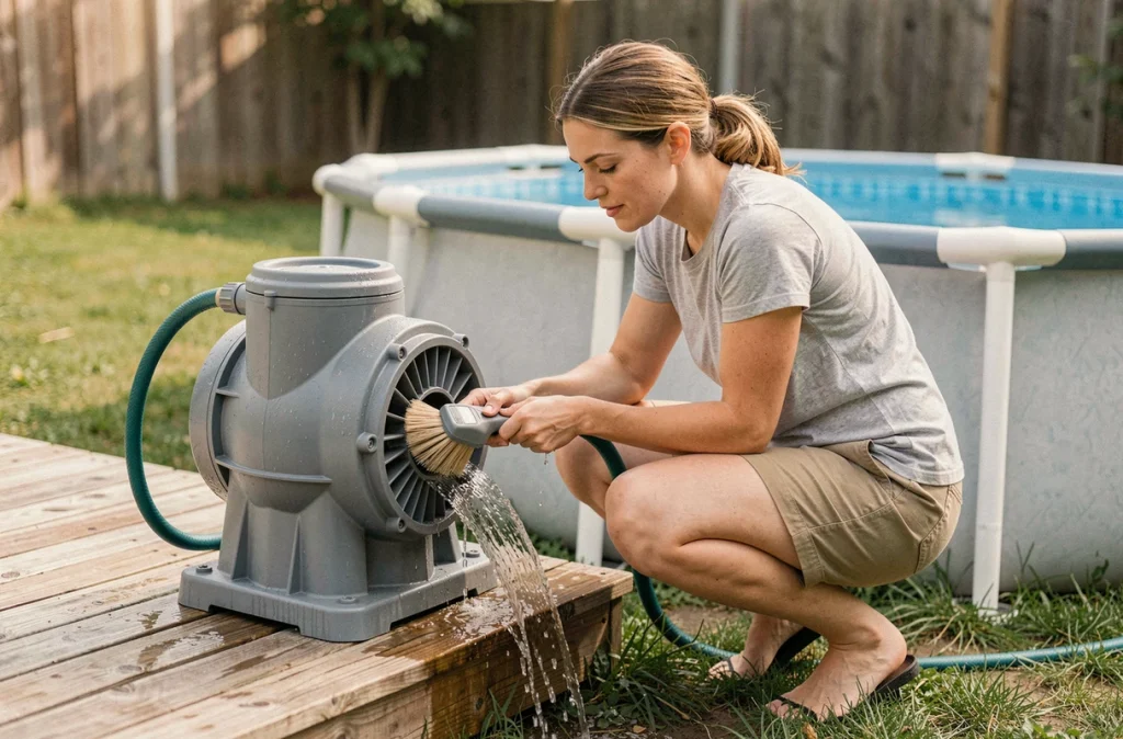 Femme nettoyant le filtre d'une pompe de piscine hors-sol avec une brosse et un tuyau d'arrosage