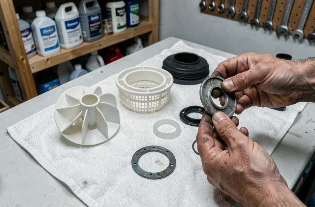 Pièces de pompe de piscine démontées pour inspection et entretien sur un établi d'atelier