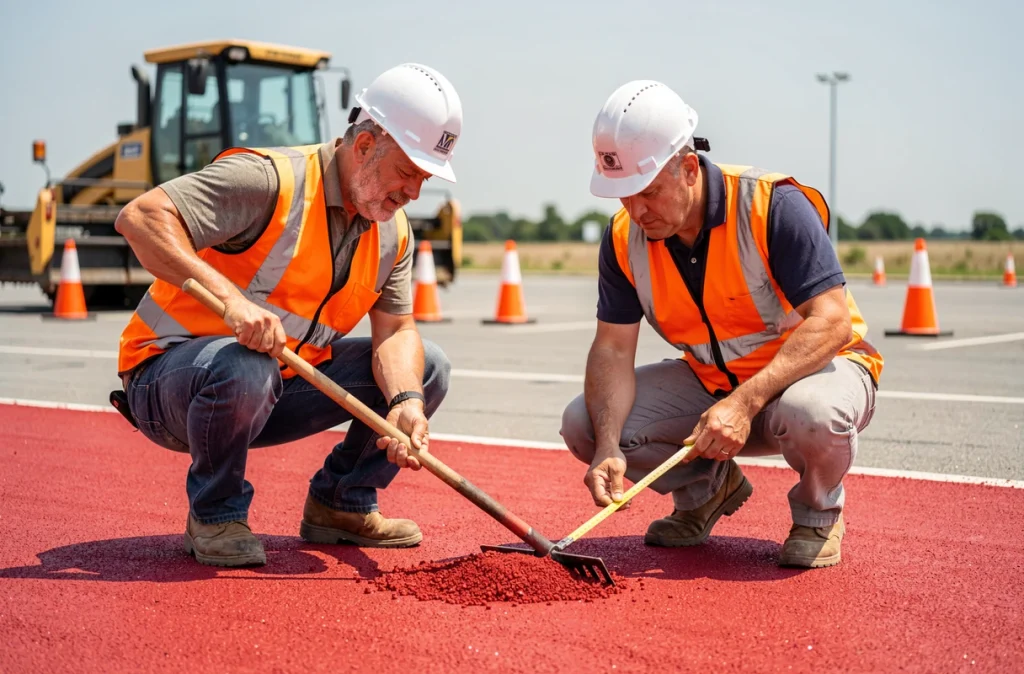 Ouvriers en train de poser de l'enrobé rouge sur un chantier de parking avec machine à asphalte