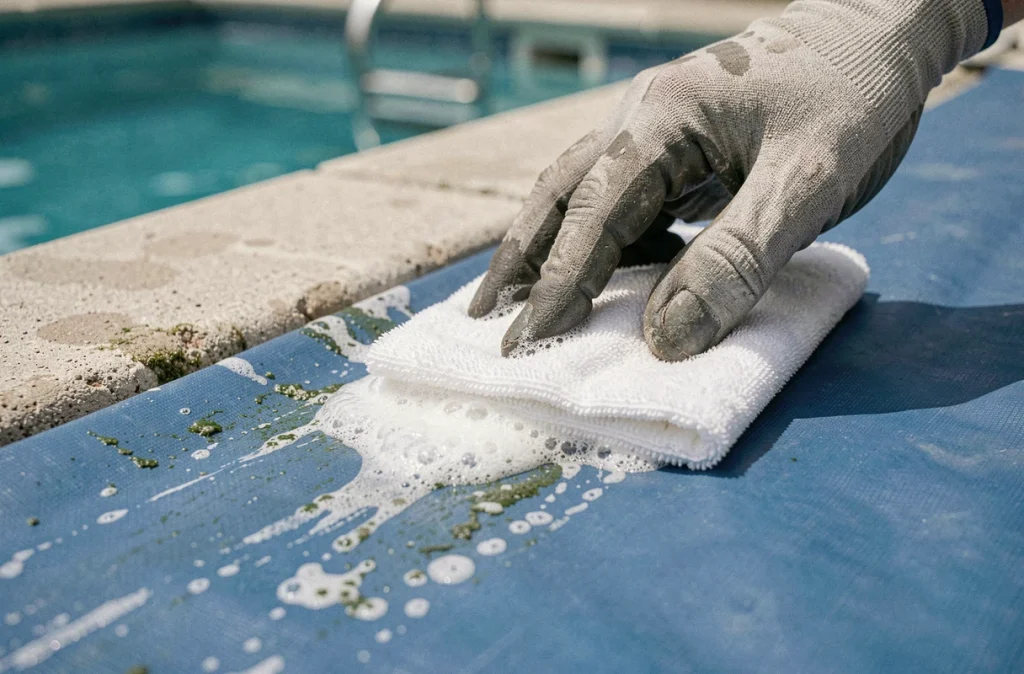 Gros plan sur une main gantée appliquant un produit nettoyant sur le liner de piscine pour éliminer le tartre et les algues