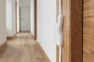 Protège-doigts anti-pince installé sur le côté charnière d'une porte intérieure en bois, détail macro montrant la texture souple du dispositif de sécurité