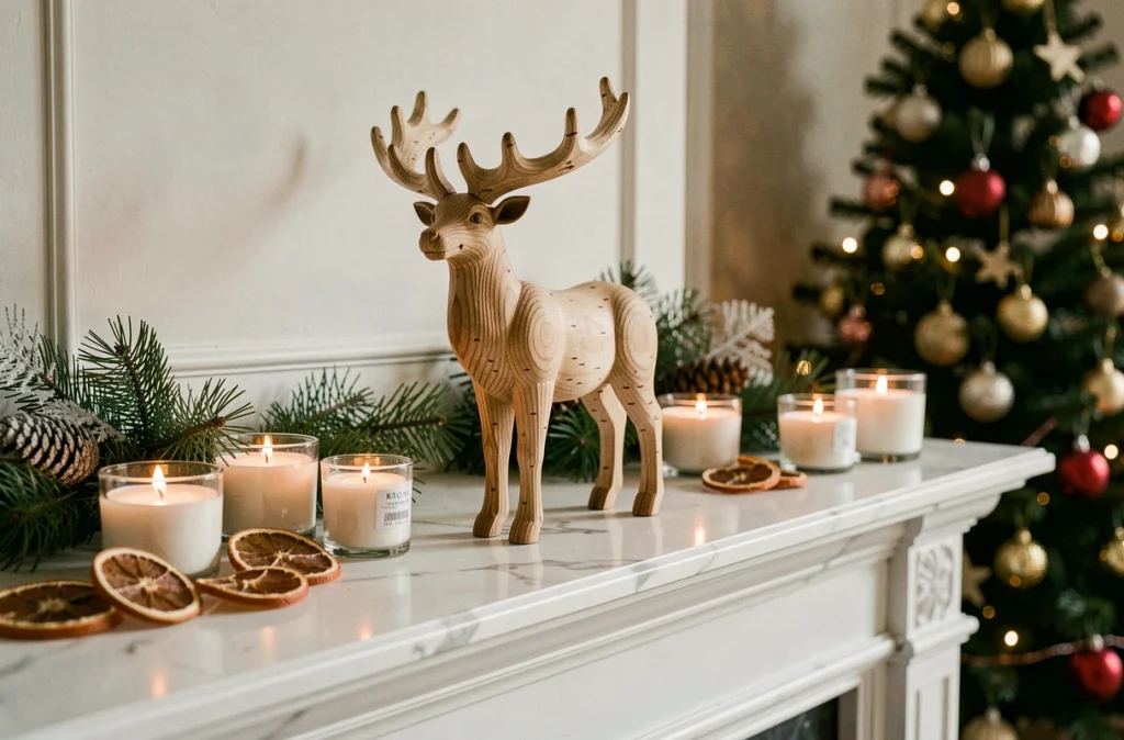Renne sculpté en bois de bouleau sur un manteau de cheminée en marbre blanc avec des bougies et des rondelles d'orange séchées pour Noël
