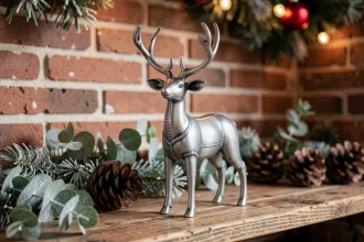 Renne décoratif en métal brossé posé sur une étagère en bois rustique avec des pommes de pin et de l'eucalyptus givré pour une décoration de Noël élégante