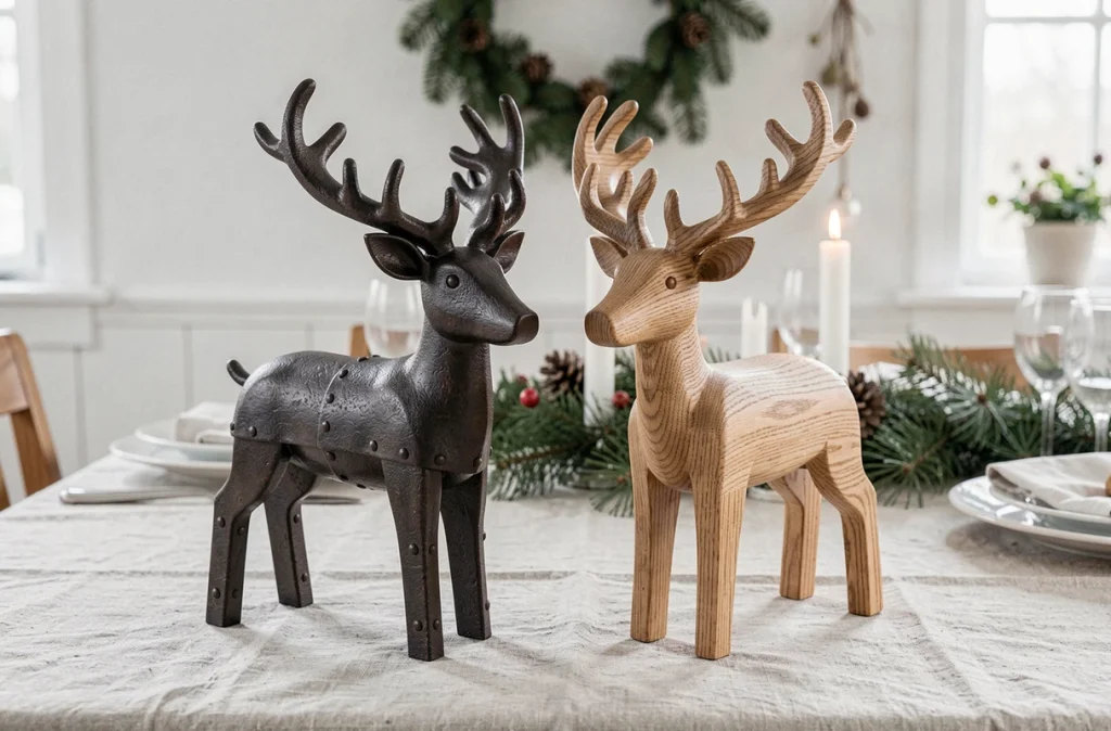 Comparaison côte à côte d'un renne décoratif en fer forgé sombre et d'un renne en bois de chêne clair sur une table en lin pour choisir le matériau idéal à Noël