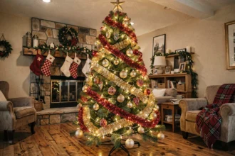 Sapin de Noël décoré avec des guirlandes dorées et des ornements rouges dans un salon chaleureux avec cheminée en pierre