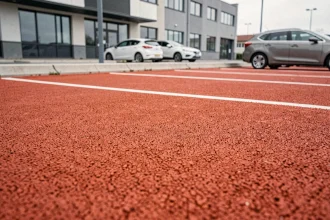 Surface en enrobé rouge fraîchement posée sur un parking commercial avec marquage au sol blanc
