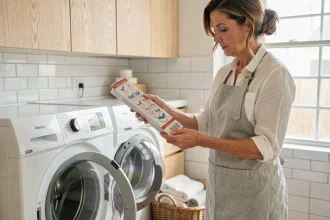Femme lisant les symboles sur une boîte de lessive devant un lave-linge ouvert dans une buanderie moderne