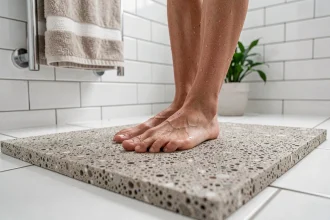 Tapis de bain en diatomite gris posé sur carrelage blanc avec pieds mouillés dessus dans une salle de bain minimaliste