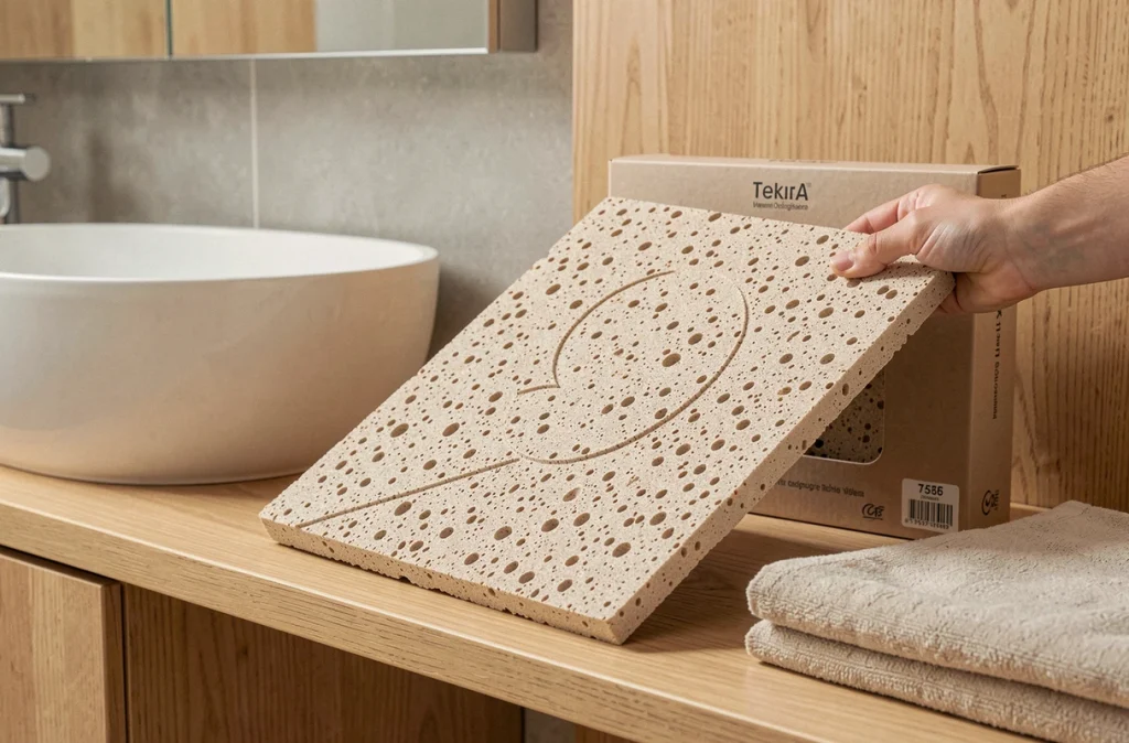 Tapis de bain diatomite tenu à la main avec son emballage sur une étagère en bois dans salle de bain scandinave