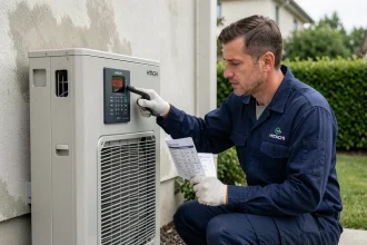 Technicien CVC consultant un code erreur sur une pompe à chaleur Hitachi installée en extérieur