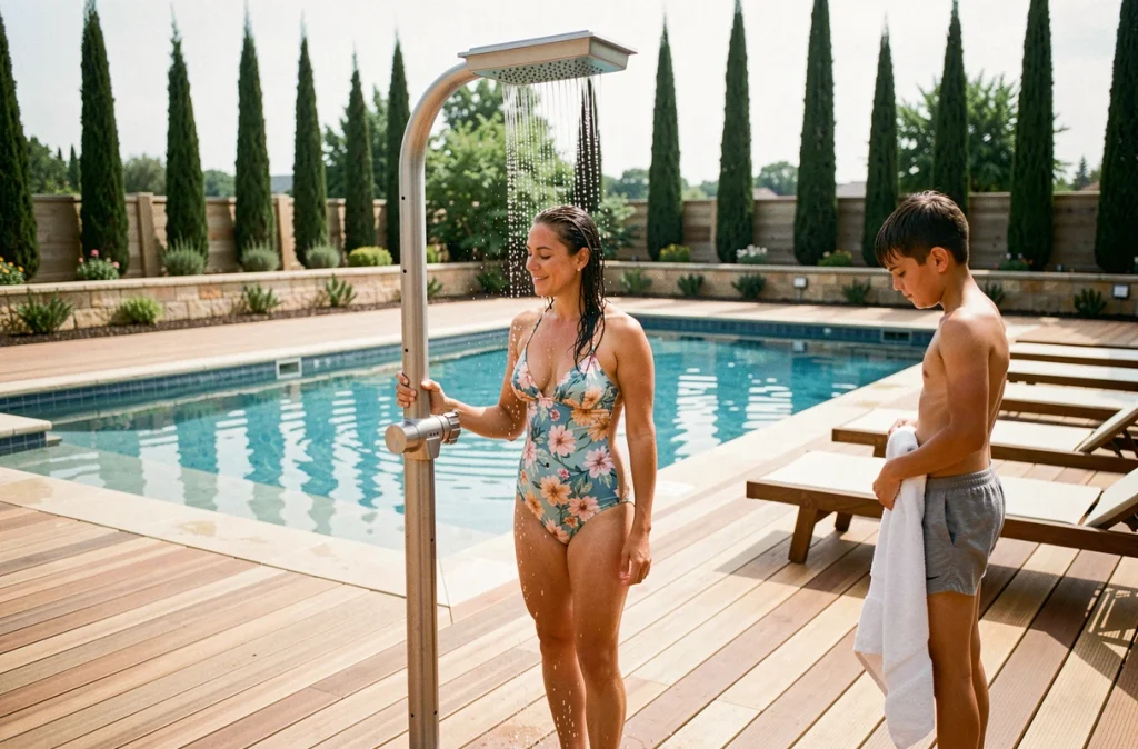 Femme se rinçant sous une douche solaire autonome au bord d'une piscine familiale avec terrasse en teck