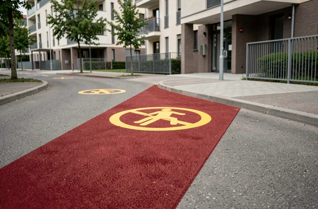 Voie d'accès pompiers en enrobé rouge le long d'une résidence avec pictogrammes de stationnement interdit