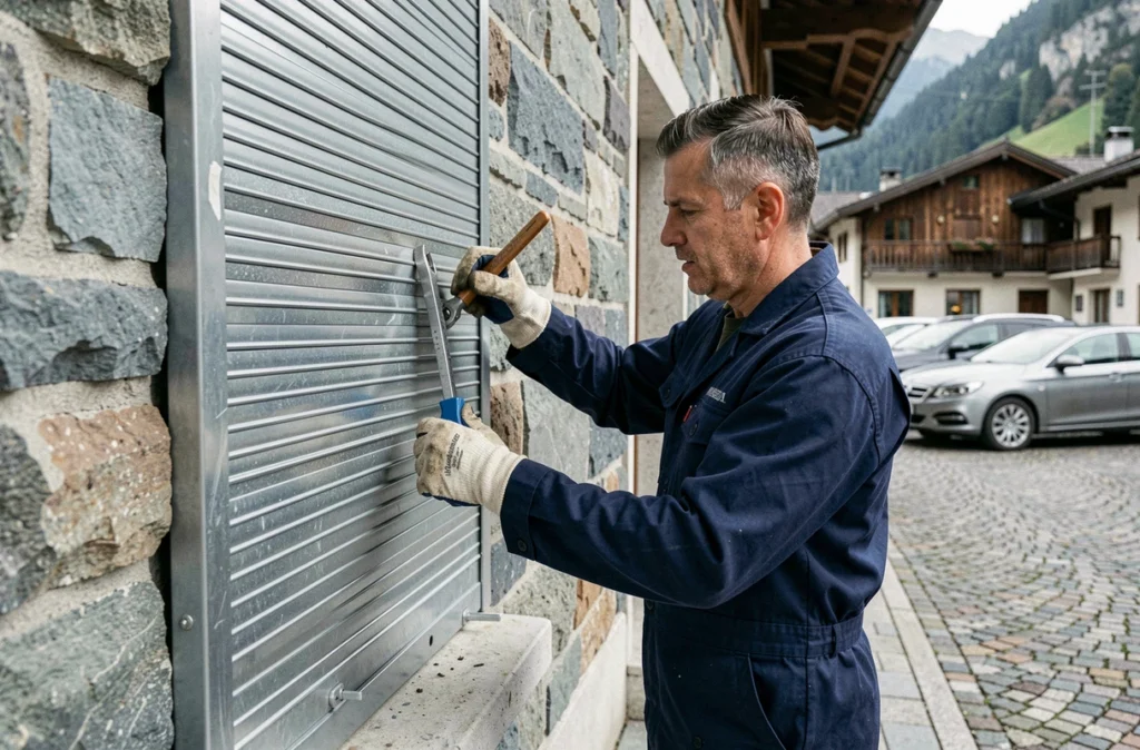 Serrurier d'Alpes Serrurerie posant un cadre de volet métallique sur un bâtiment commercial en pierre dans une ville alpine
