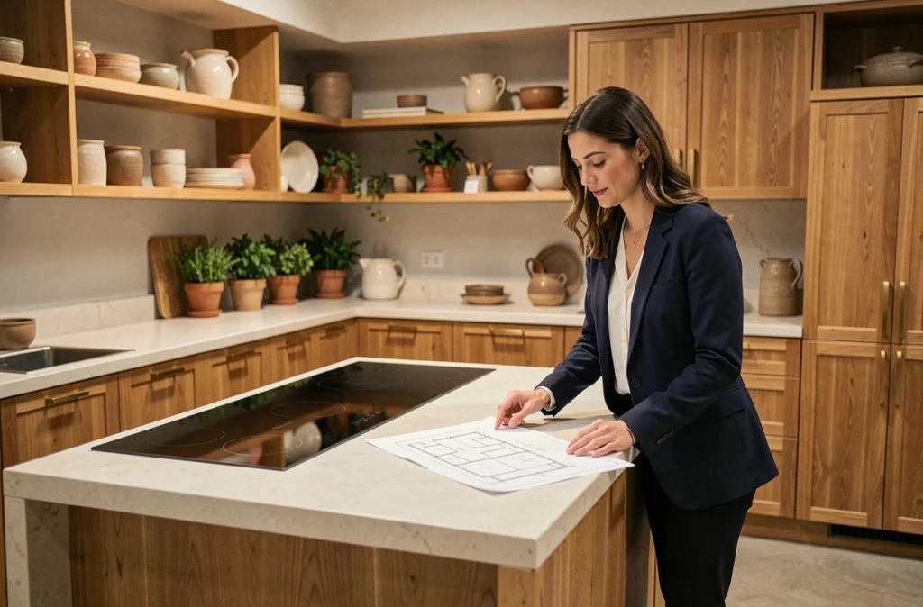 Showroom Arthur Bonnet avec une cuisine en chêne naturel et îlot central équipé d'une plaque de cuisson encastrée