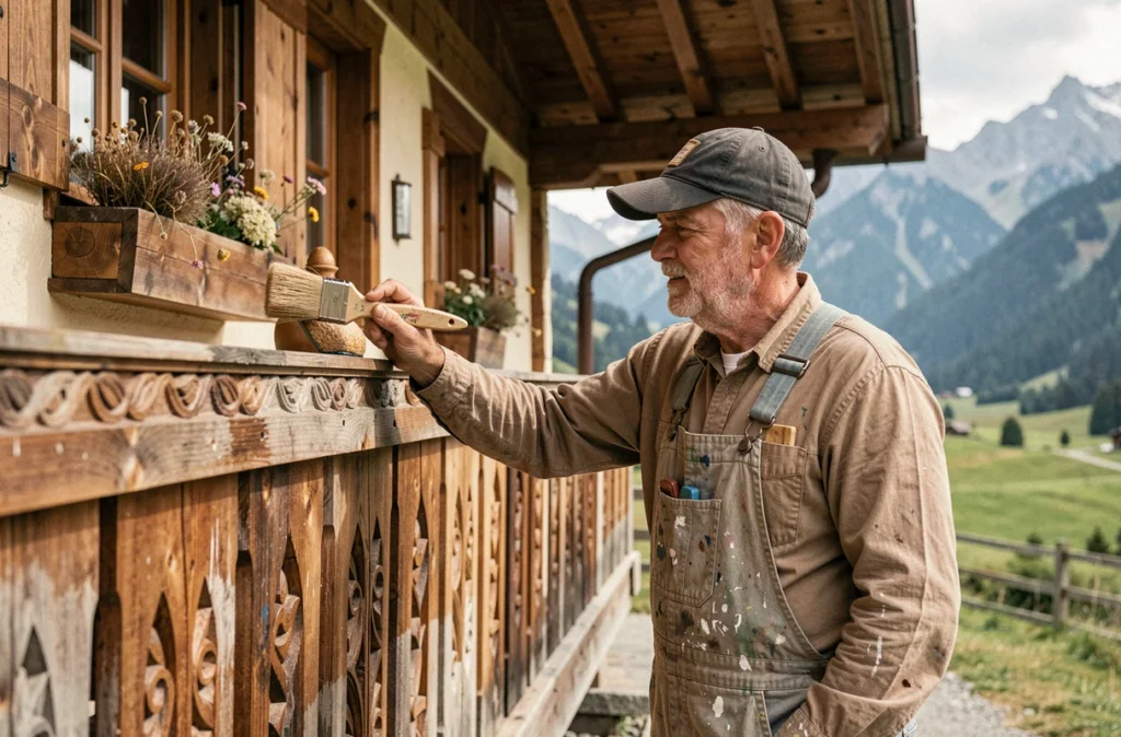 Artisan peintre du Chablais appliquant de la peinture sur la façade en bois sculpté d'un chalet traditionnel alpin