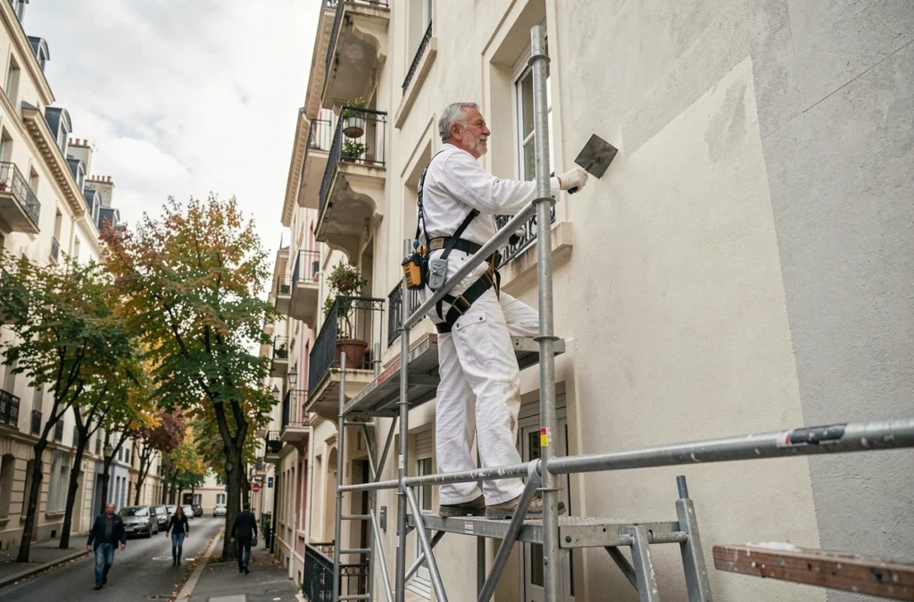 Peintre-ravaleur sur échafaudage appliquant un enduit de ravalement sur un immeuble de centre-ville à Annemasse