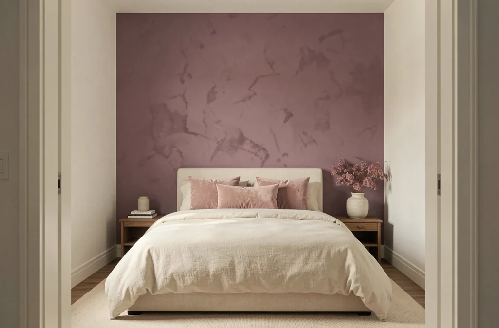 Chambre moderne avec mur accent en rose mauve et literie ivoire dans une décoration intérieure élégante