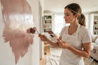 Femme comparant des nuances de peinture rose sur un mur intérieur dans un salon lumineux