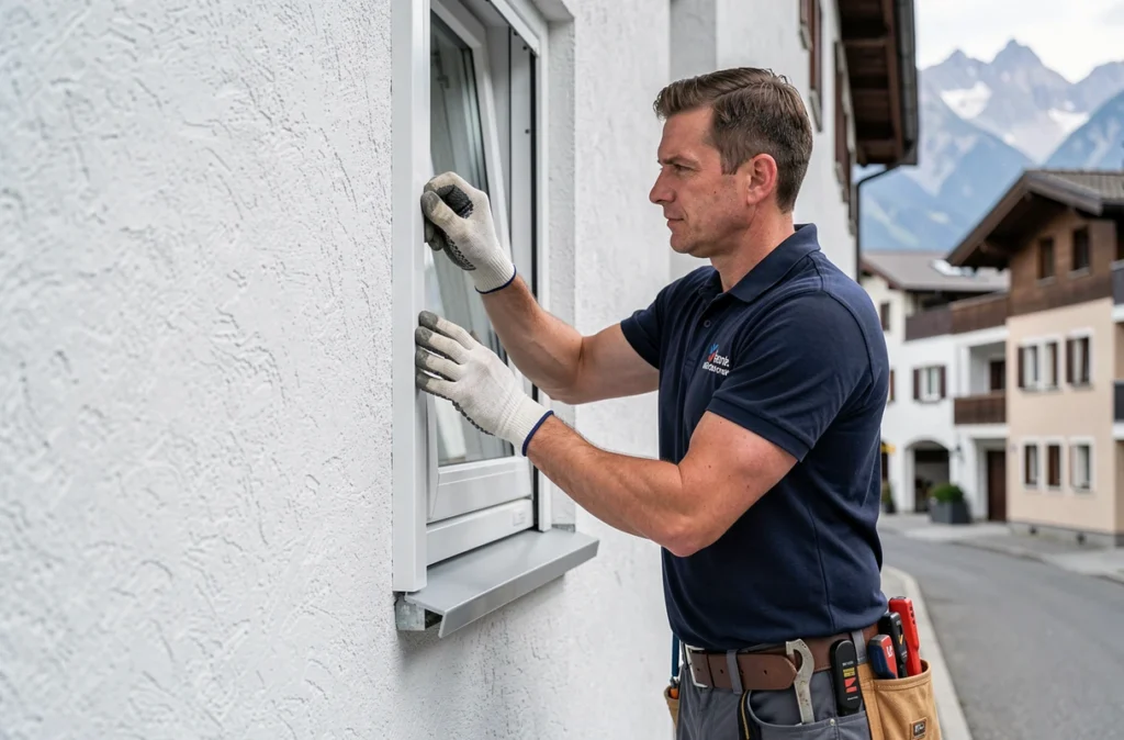 Technicien Clarius posant une fenêtre PVC sur une façade résidentielle en Haute-Savoie