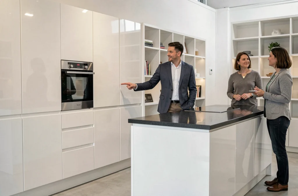 Cuisine Schmidt exposée dans le showroom de Marseille 6, avec des façades blanches laquées et un plan de travail en quartz sombre