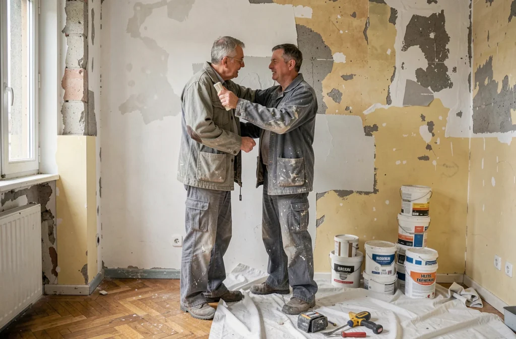 Peintre en rénovation lissant un mur en plâtre dans un appartement ancien en cours de travaux en Haute-Savoie