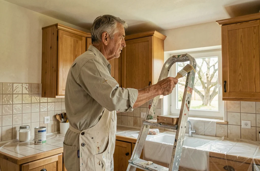 Artisan peintre indépendant traçant les angles du plafond au pinceau dans une cuisine résidentielle en Haute-Savoie