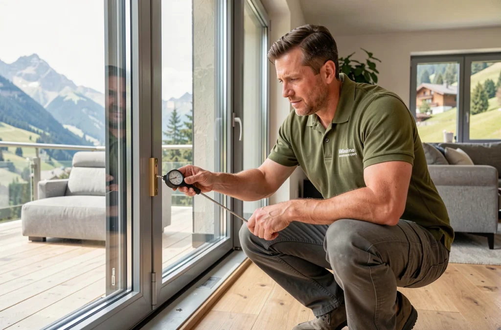 Consultant de Domoconfort vérifiant l'isolation d'une baie vitrée dans une maison alpine moderne