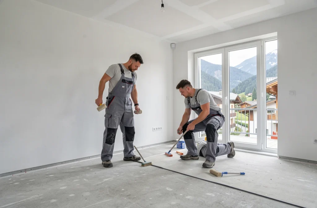 Deux artisans peintres travaillant ensemble sur le second œuvre dans une construction neuve en Haute-Savoie