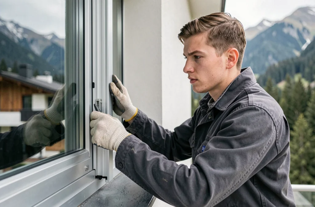 Artisan d'Eben Crea installant un cadre de fenêtre en aluminium sur un bâtiment résidentiel contemporain