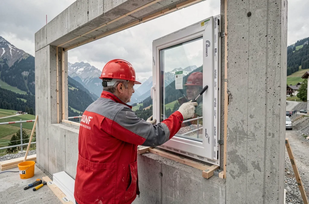 Technicien de Ferma posant une grande fenêtre préfabriquée sur un chantier de construction résidentielle en vallée alpine