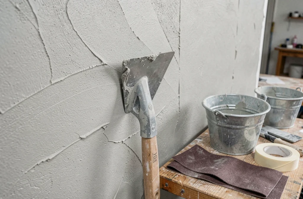 Gros plan sur un mur lissé avec une taloche et des outils de préparation de surface avant peinture