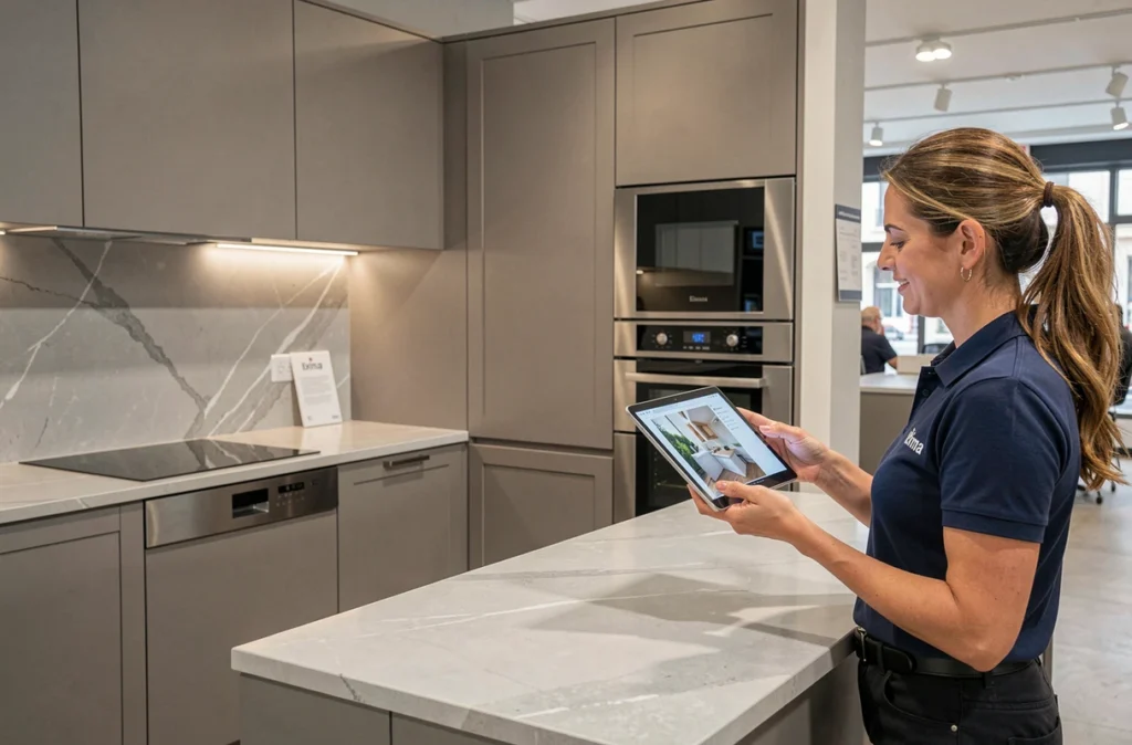 Conseillère Ixina Marseille présentant un projet de cuisine sur tablette devant un modèle gris laqué en showroom