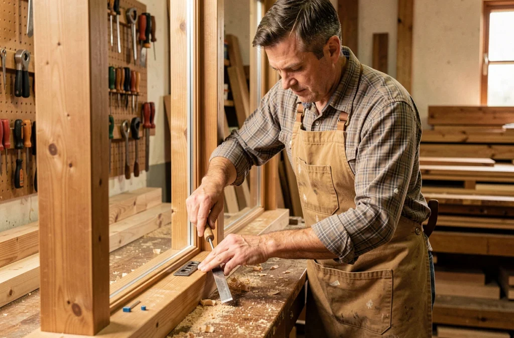 Menuisier de KFJ Menuiserie assemblant un cadre de fenêtre en bois dans son atelier de menuiserie traditionnel