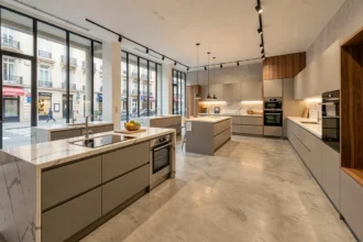 Showroom de cuisinistes à Marseille présentant plusieurs modèles de cuisines modernes équipées