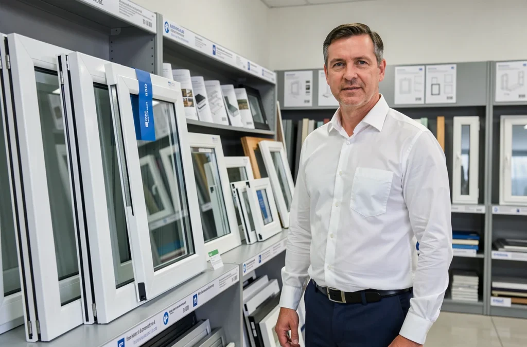 Spécialiste de Menodis Menuiseries Normalisees Distribution présentant des modèles de fenêtres normalisées en showroom