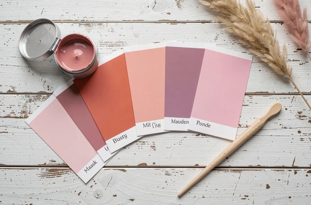 Assortiment de nuances de peinture rose en éventail sur une table en bois blanc avec pot de peinture ouvert