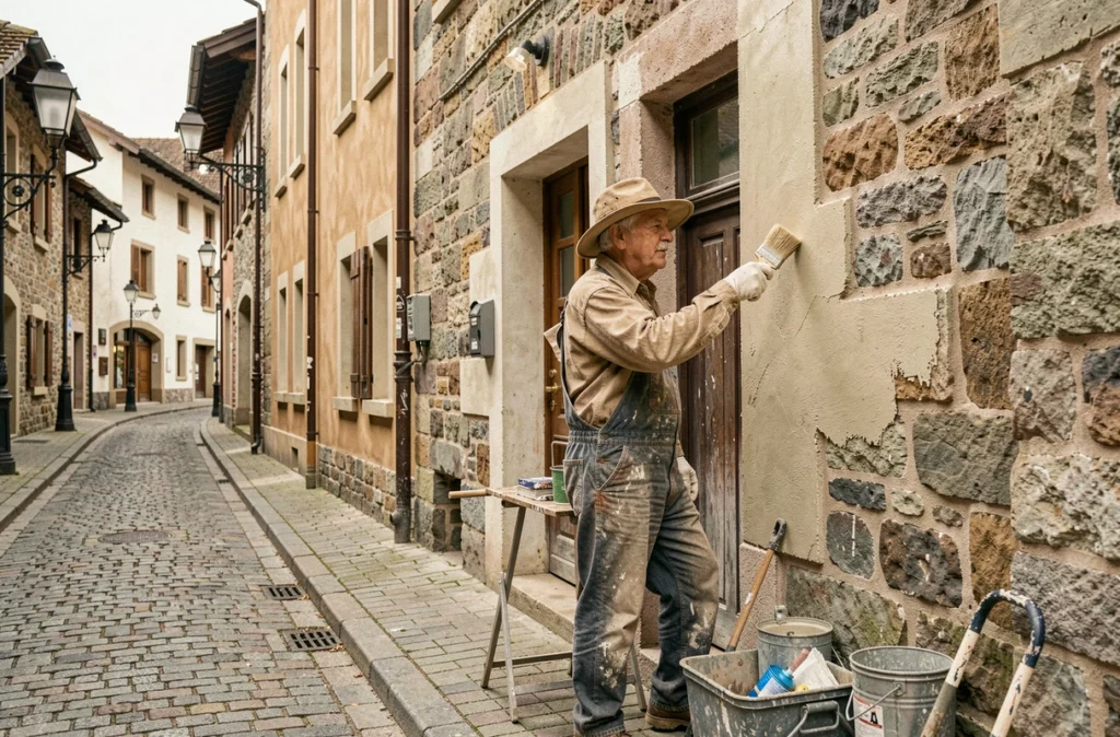 Peintre-façadier expérimenté appliquant de la peinture maçonnerie sur la façade d'un bâtiment historique en pierre en Haute-Savoie