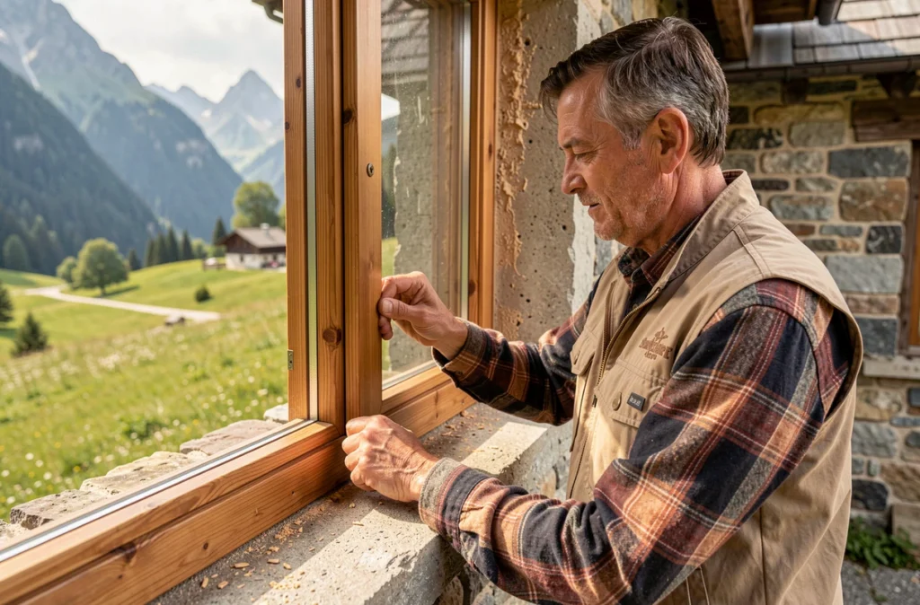 Artisan de la Sarl Pascal Coulloux ajustant le joint d'un cadre de fenêtre en bois sur une ferme alpine