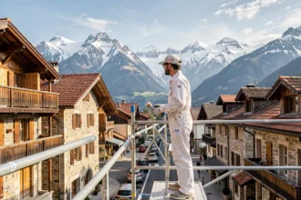 Peintre en bâtiment sur un échafaudage avec vue sur un village alpin de Haute-Savoie et les montagnes enneigées