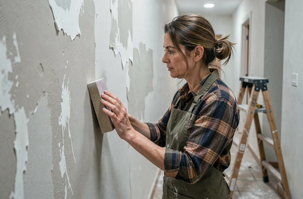Femme ponçant un mur avec un bloc de ponçage avant l'application de peinture dans un couloir en rénovation