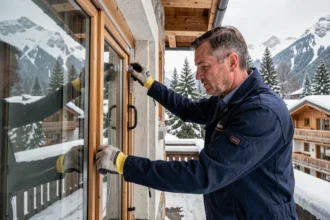 Poseur de fenêtres professionnel installant une fenêtre à double vitrage sur un chalet alpin en Haute-Savoie