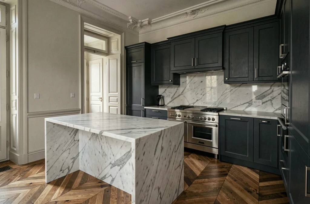 Cuisine sur mesure Prado52 en anthracite avec îlot en marbre de Carrare dans un appartement haussmannien marseillais