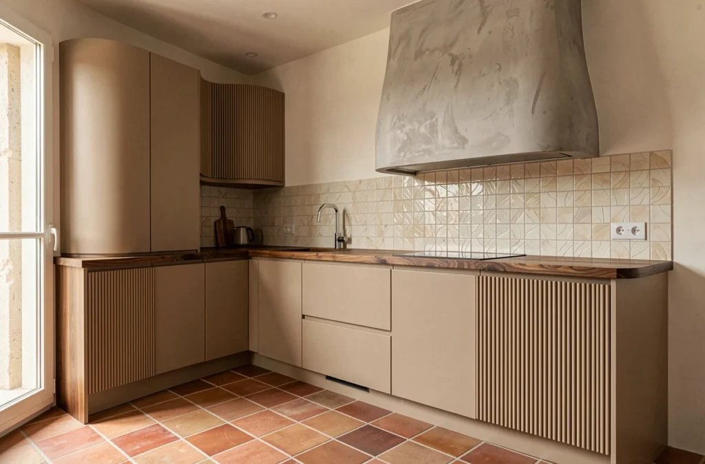 Cuisine design Sinibaldi avec façades en laque taupe, plan de travail en noyer massif et crédence en zellige ivoire