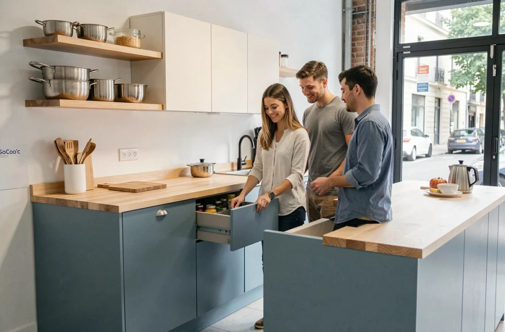 Cuisine bicolore SoCoo'c Marseille en bleu poudré et blanc cassé avec plan de travail en bois et étagères ouvertes