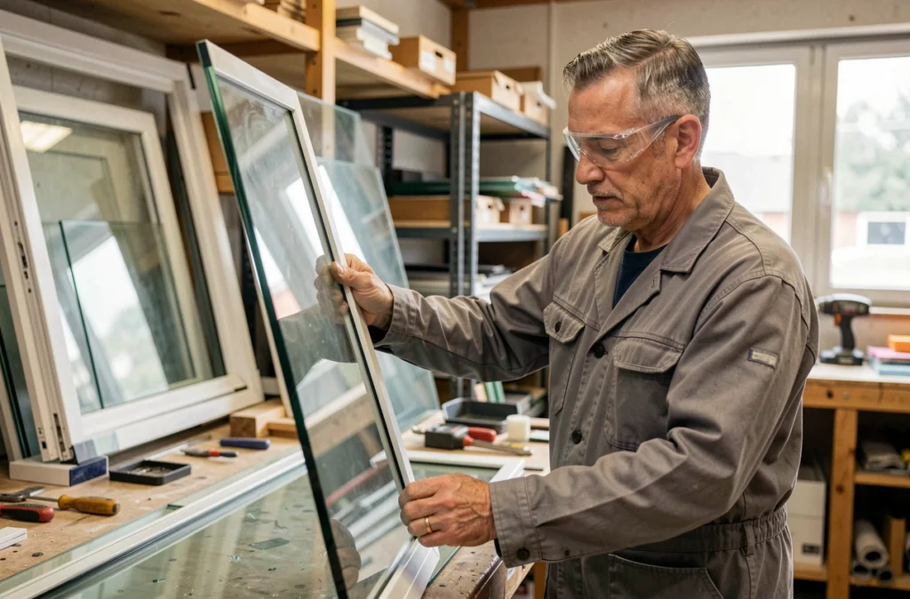 Vitrier de la Sarl Vitrerie Mugnier Vincent manipulant un panneau de verre dans son atelier